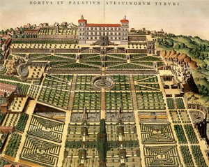 意大利，蒂沃利，埃斯特别墅景观，雕刻自Jean Blaeu的Theatrum Civitatum et Admirandorum Italiae，阿姆斯特丹