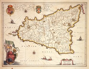 西西里岛地区地图，作者：Joan Blaeu 作者 琼·布劳