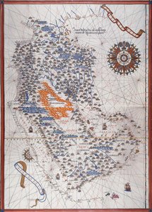 阿特拉斯·德·琼·马丁内斯 (Atlas de Joan Martines) 中的阿拉伯半岛地图，带有风向上升以及港口和海岸的详细信息 作者 琼·马丁内斯（Joan Martines）