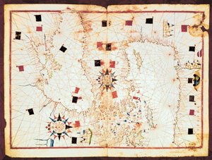 地中海东部和黑海地图，16世纪波特兰地图集的手稿（手稿）。 作者 琼·马丁内斯（Joan Martines）