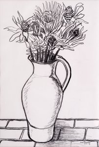 棕色水罐与干花，2000年，石墨 作者 琼·瑟西