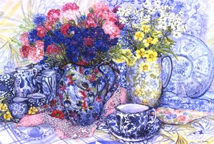 矢车菊与古董水壶和图案的面料，2012年 作者 琼·瑟西