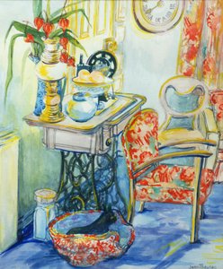 小屋内部，与猫，2000年，自制纸上的水彩 作者 琼·瑟西