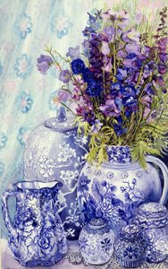 翠雀与古董蓝盆，2000，（水彩） 作者 琼·瑟西