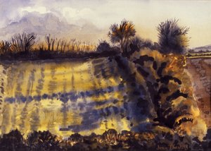 领域与长长的影子，1990年，手工纸上的水彩 作者 琼·瑟西