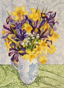 虹膜和水仙花与图案纺织品，2008年，手工纸上的水彩 作者 琼·瑟西