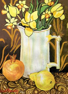 Tulips and Daffodils in a White Jug, with textiles, pomegranate and pear (watercolour) 作者 琼·瑟西
