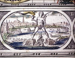 古代七大奇迹的表现：罗德斯巨像。在1630年阿姆斯特丹印刷的扬森-扬森纽斯的地图集中。私人收藏。