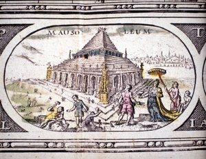 古代七大奇迹的代表：哈利卡纳苏斯陵墓。 Jansson Jannsonius 于 1630 年在阿姆斯特丹印刷的地图集中。私人收藏。