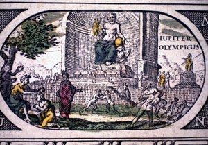 古代七大奇迹的代表：菲迪亚斯的木星（宙斯）雕像 - 在 Jansson Jannsonius 的“《阿特拉斯》”中，1630 年在阿姆斯特丹印刷