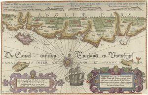 怀特岛和多佛之间的英国海岸地图
Descriptionhe der zee Custen van Engelandt tuschen Wicht ende Doueren（......）（标题见实物）