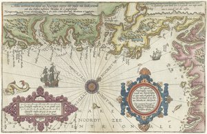 梅尔多伊和乌德瓦拉之间的挪威和瑞典海岸地图
De Custe van Noorweghen, met dat landt van Noordt oosten in zijne wesen ende gedaente（......）（标题见实物）