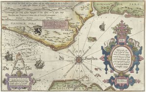 佛兰德斯、诺曼底和英格兰海岸地图
Descriptionhe van de zee Custen van Vlanderen ende Picardien（......）（标题见实物）