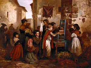 在宗教游行中玩耍的儿童，由Joaquim Vayreda y Vila绘画