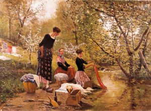 "The Washerwomen" Painting by Joaquim Vayreda i Vila (1843-1894). 1883
