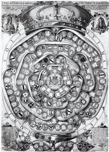 兰卡斯特和约克家族玫瑰联盟，1589年（板刻） 作者 乔多克·洪迪斯（Jodocus Hondius）