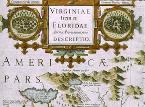 标题漩涡花饰和插图，北卡罗来纳州地图的详细信息，名为Virginiae item et Floridae，来自Mercator Atlas ... 1606，pub。作者：Jodocus Hondius，1619年（手工彩色雕刻）（另见