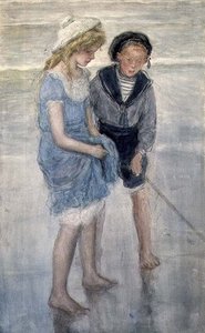 在谢维宁根划船的儿童（水彩画） 作者 约翰·安东尼奥·德·琼格
