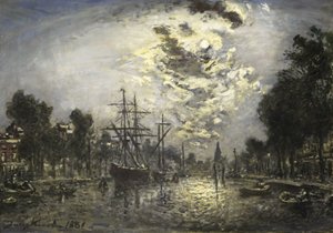 月光下的鹿特丹 作者 Johan Barthold Jongkind（艺术家签名）