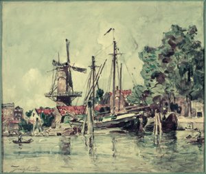 在荷兰，磨坊附近的船 作者 约翰·巴索德·琼金德（Johan Barthold Jongkind）