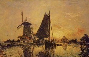 在荷兰，风车附近的船，1868年 作者 约翰·巴索德·琼金德（Johan Barthold Jongkind）