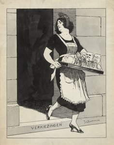 为《De Amsterdammer》的插图设计：女仆端着酒杯，被台阶绊倒的荷兰圣母选举（1924 年 5 月 17 日）