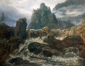 浪漫的废墟与激流，由约翰-克里斯蒂安-克劳森-达尔（1788-1857）绘制。 作者 约翰·克里斯蒂安·达尔