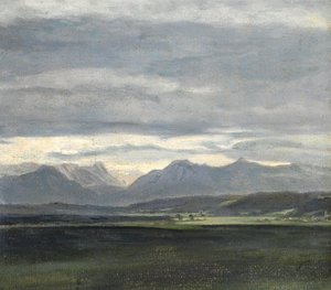 粉蓝色天空覆盖群山的风景研究 作者 约翰·克里斯蒂安·达尔