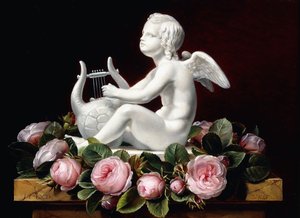 丘比特周围的粉红玫瑰花环，在大理石壁架上演奏七弦琴，1841年