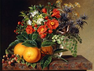 橘子，黑莓和花瓶在壁架上的花，1834年