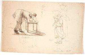 研究表，左边是画家本人，弯着腰在凳子或小桌子上作画。上方是两位军官和一位着装绅士的研究。中间是画室中的自画像。右边是画家撑着伞站在街边的灯笼和烛光下。 作者 约翰·托马斯·伦比