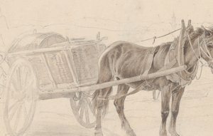 一辆棕马拉的车在灯杆附近，背面：一群骑马的军官，约1815年。
