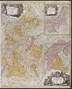 巴伐利亚地图，"Bavariæ Pars Superior"，1715 年之后（彩色版画）