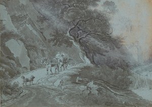 雷雨中推着马车走在林间小道上的农民 作者 约翰·克里斯汀·布兰德（Johann Christian Brand）