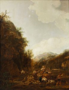 山间风景，牧人和牛群在饮水槽旁