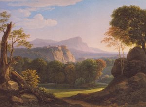 德语： Italienische Landschaft mit Schloss auf einem Bergrücken 意大利景观，山脊上有城堡 作者 约翰·克里斯汀·赖因哈特（Johann Christian Reinhart）