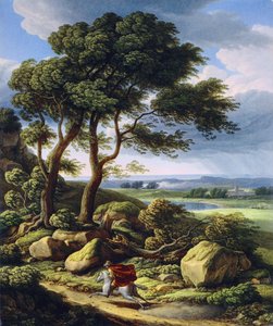 德语：暴风雨中的风景与骑手。 作者 约翰·克里斯汀·赖因哈特（Johann Christian Reinhart）