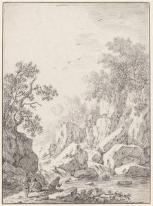 岩石悬崖边的瀑布，1750年代。