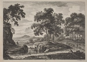 带有旅行者的全景河流景观，1734年。