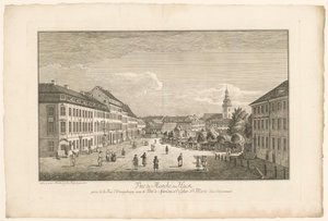 Gezicht op de Hackescher Markt in Berlijn, met de Marienkirche op de achtergrond
从奥兰治堡街拍摄的哈克街景色，远处是斯潘道桥和圣玛丽教堂（标题见实物）
