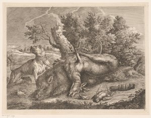 狩猎犬和狩猎靴与野猪、鹿和鸟类
户外狩猎（系列标题） 作者 Johann Georg Wachsschlunger