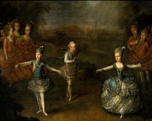 1765 年 1 月 24 日约瑟夫二世与玛丽·约瑟芬·安托瓦内特·德·巴维埃 (Marie Josephine Antoinette de Baviere) 结婚时，克里斯托夫·威利博尔德·格鲁克 (Christoph Willibald Gluck a Schonbrunn) 代表芭蕾舞团“爱情胜利””，右边是法国未来的王后玛丽·安托瓦内特 (Marie Antoinette)。 详细信息 作者 约翰·乔治·维克特（Johann Georg Weikert）