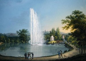 大喷泉，约1820年（彩色平版印刷）。 作者 约翰·海因里希·布鲁勒