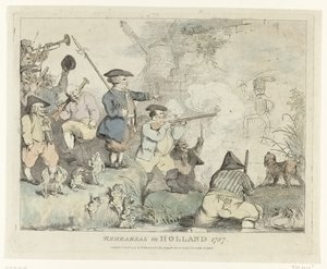 排练
1787 年在荷兰的彩排（标题见实物）
四幅关于 1787 年爱国者的英国漫画（系列标题） 作者 托马斯·哈马尔