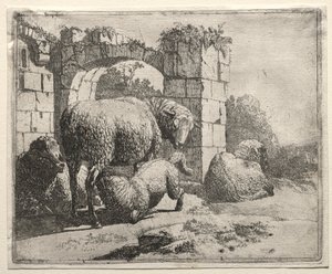 靠近拱门废墟的绵羊，1665年。 作者 约翰·海因里希·罗斯