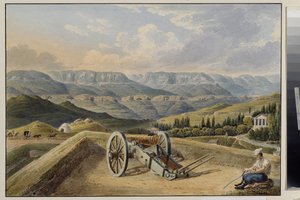 La forteresse de Kislovodsk (Caucase Nord)。Batterie dans les montagnes.基斯洛沃茨克要塞。山中炮台。约翰-雅各布-迈尔（1787-1858 年）的作品，纸上水彩画，1843 年。Art allemand 19e siecle.国立普希金美术馆 作者 约翰·雅各布·迈耶（Johann Jakob Meyer）