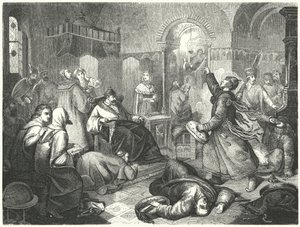 一位芬兰巫师预言伊凡雷帝即将死亡（雕版画）。 作者 Johann Karl Baehr
