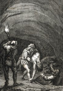 荷兰威廉二世之死，被弗里斯兰人杀死，弗里斯兰人将其秘密埋葬在一栋房子的地板下 约翰-迈克尔-梅滕莱特（Johann Michael Mettenleiter，1765-1853 年）1800 年雕刻 私人收藏