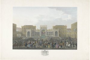 1815 年 9 月 21 日威廉一世在布鲁塞尔的就职典礼
威廉一世抵达布鲁塞尔并举行就职典礼以及 1815 年 Quatre-Bras 战役和滑铁卢战役的 12 幅图版（系列标题）