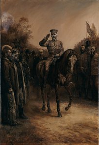 基奇纳勋爵（Lord Kitchener）将军骑行经过布尔人领导人，向他们挥舞着帽子，向他们敬礼，1902年 作者 约翰·内波穆克·申伯格